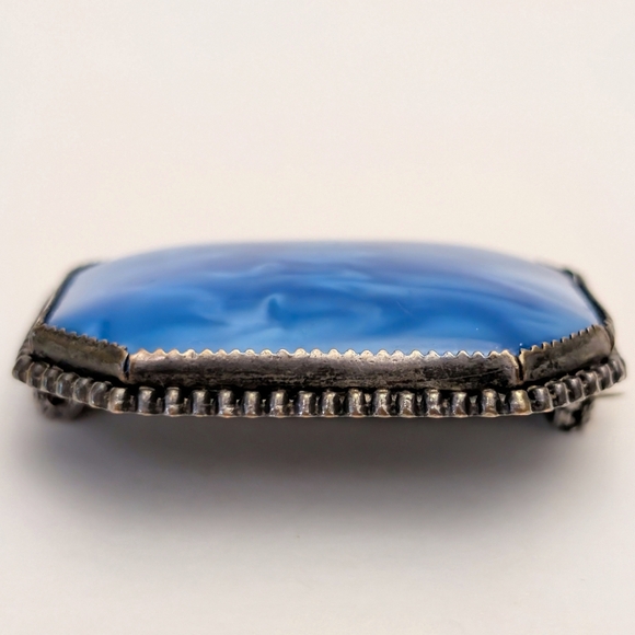 Vintage Marbled Blue Art Glass Cabochon Brooch Simple Silver Tone Setting Czech? - Picture 7 of 13